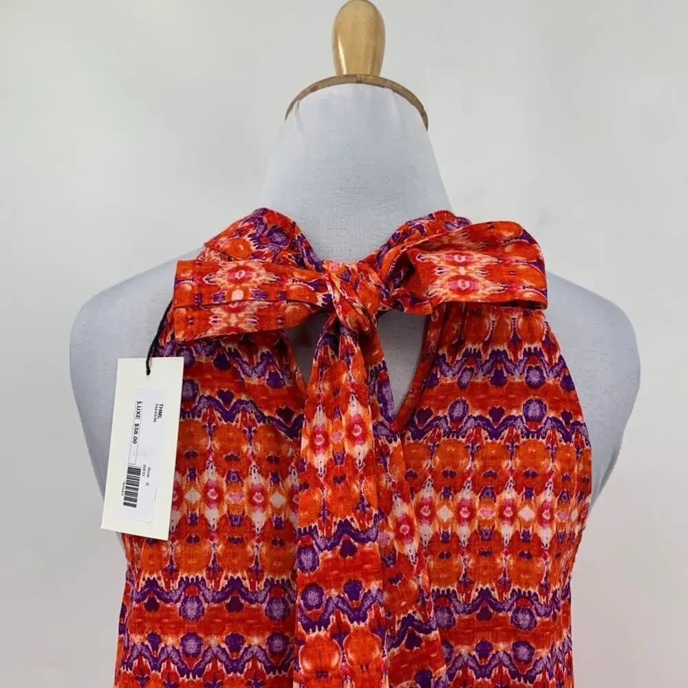 THML Top Womens S Small Red Orange Multi Halter Big Bow Tie Back Tassels Hem